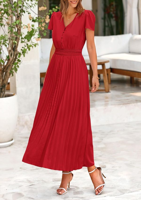 PRETTYGARDEN Women's Maxi Dresses 2025 Summer Trendy Cap Short Sleeve Button V Neck Casual Flowy Pleated Long Dress - Image 55