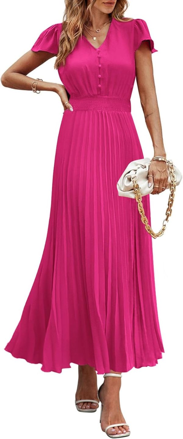 PRETTYGARDEN Women's Maxi Dresses 2025 Summer Trendy Cap Short Sleeve Button V Neck Casual Flowy Pleated Long Dress - Image 57