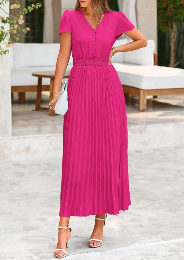 PRETTYGARDEN Women's Maxi Dresses 2025 Summer Trendy Cap Short Sleeve Button V Neck Casual Flowy Pleated Long Dress - Image 59