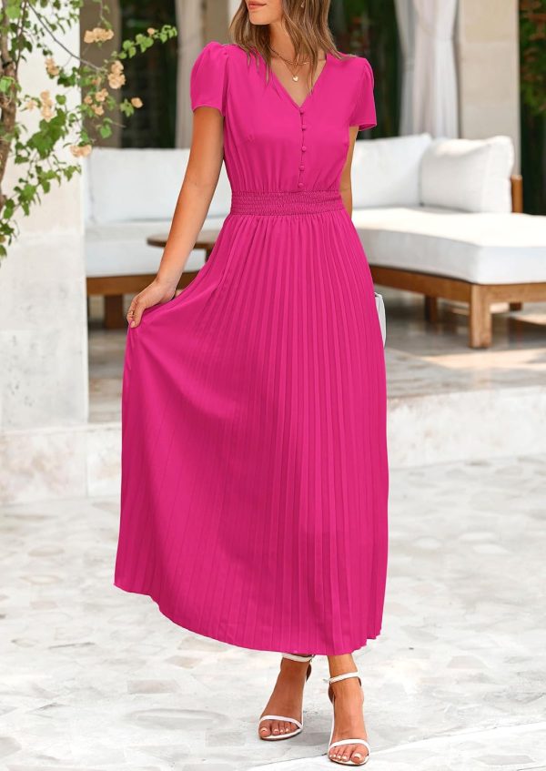 PRETTYGARDEN Women's Maxi Dresses 2025 Summer Trendy Cap Short Sleeve Button V Neck Casual Flowy Pleated Long Dress - Image 60