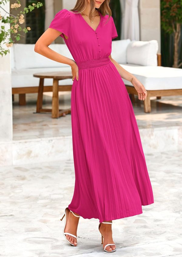 PRETTYGARDEN Women's Maxi Dresses 2025 Summer Trendy Cap Short Sleeve Button V Neck Casual Flowy Pleated Long Dress - Image 61