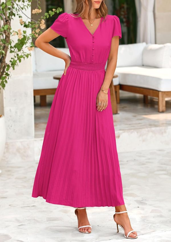 PRETTYGARDEN Women's Maxi Dresses 2025 Summer Trendy Cap Short Sleeve Button V Neck Casual Flowy Pleated Long Dress - Image 62
