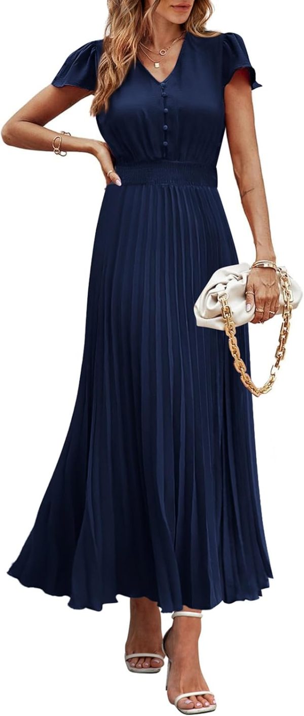 PRETTYGARDEN Women's Maxi Dresses 2025 Summer Trendy Cap Short Sleeve Button V Neck Casual Flowy Pleated Long Dress - Image 65