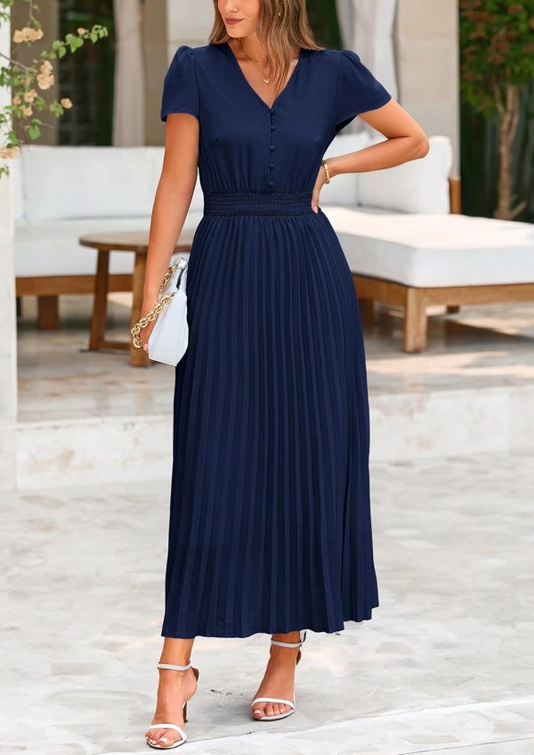 PRETTYGARDEN Women's Maxi Dresses 2025 Summer Trendy Cap Short Sleeve Button V Neck Casual Flowy Pleated Long Dress - Image 71
