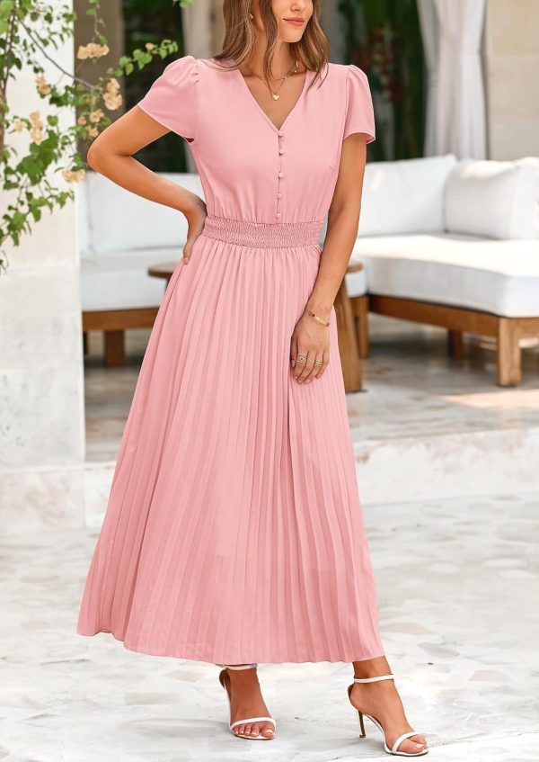 PRETTYGARDEN Women's Maxi Dresses 2025 Summer Trendy Cap Short Sleeve Button V Neck Casual Flowy Pleated Long Dress - Image 77