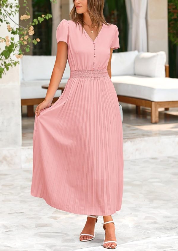 PRETTYGARDEN Women's Maxi Dresses 2025 Summer Trendy Cap Short Sleeve Button V Neck Casual Flowy Pleated Long Dress - Image 78