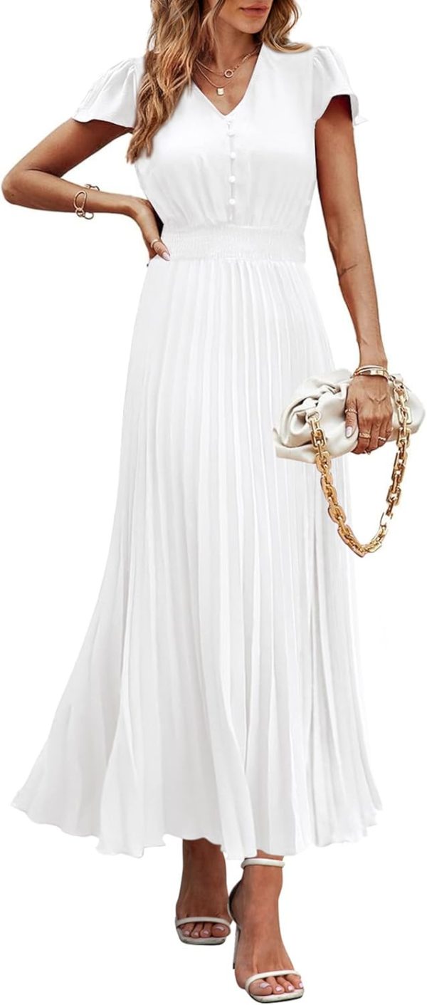 PRETTYGARDEN Women's Maxi Dresses 2025 Summer Trendy Cap Short Sleeve Button V Neck Casual Flowy Pleated Long Dress - Image 81