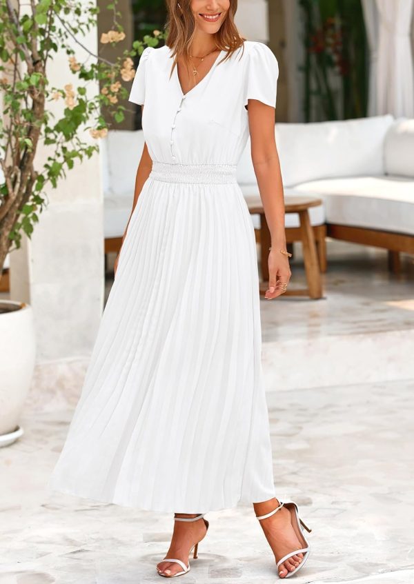 PRETTYGARDEN Women's Maxi Dresses 2025 Summer Trendy Cap Short Sleeve Button V Neck Casual Flowy Pleated Long Dress - Image 84