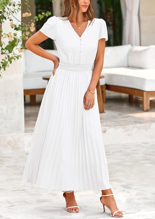 PRETTYGARDEN Women's Maxi Dresses 2025 Summer Trendy Cap Short Sleeve Button V Neck Casual Flowy Pleated Long Dress - Image 85