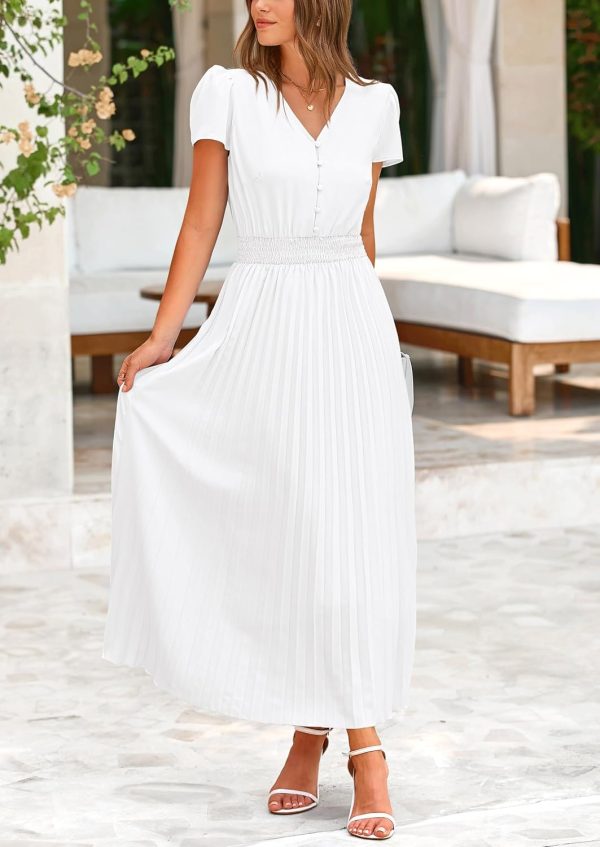 PRETTYGARDEN Women's Maxi Dresses 2025 Summer Trendy Cap Short Sleeve Button V Neck Casual Flowy Pleated Long Dress - Image 86
