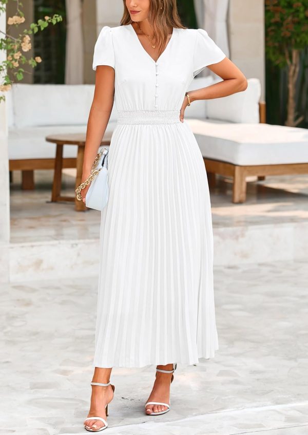 PRETTYGARDEN Women's Maxi Dresses 2025 Summer Trendy Cap Short Sleeve Button V Neck Casual Flowy Pleated Long Dress - Image 87