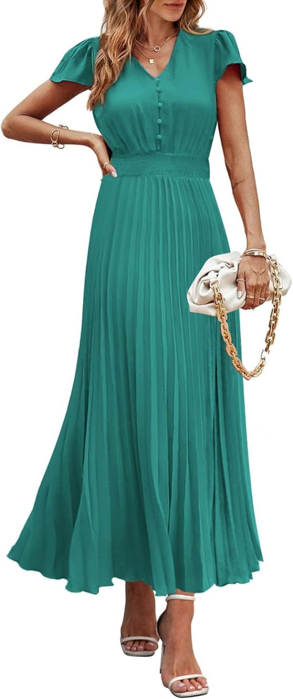 PRETTYGARDEN Women's Maxi Dresses 2025 Summer Trendy Cap Short Sleeve Button V Neck Casual Flowy Pleated Long Dress - Image 89