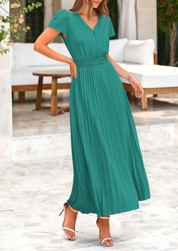 PRETTYGARDEN Women's Maxi Dresses 2025 Summer Trendy Cap Short Sleeve Button V Neck Casual Flowy Pleated Long Dress - Image 93