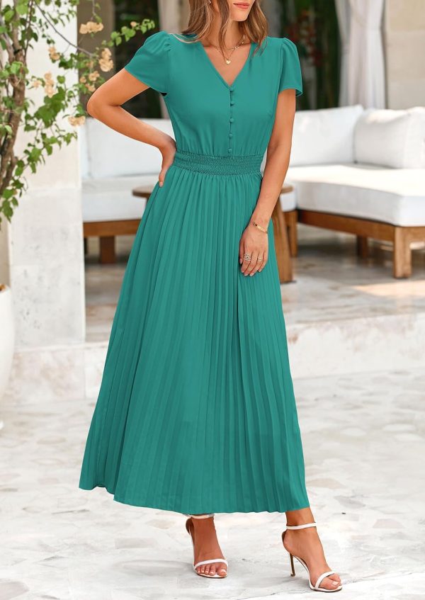 PRETTYGARDEN Women's Maxi Dresses 2025 Summer Trendy Cap Short Sleeve Button V Neck Casual Flowy Pleated Long Dress - Image 94