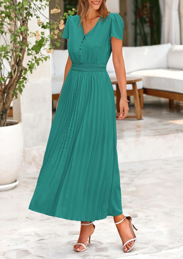 PRETTYGARDEN Women's Maxi Dresses 2025 Summer Trendy Cap Short Sleeve Button V Neck Casual Flowy Pleated Long Dress - Image 95