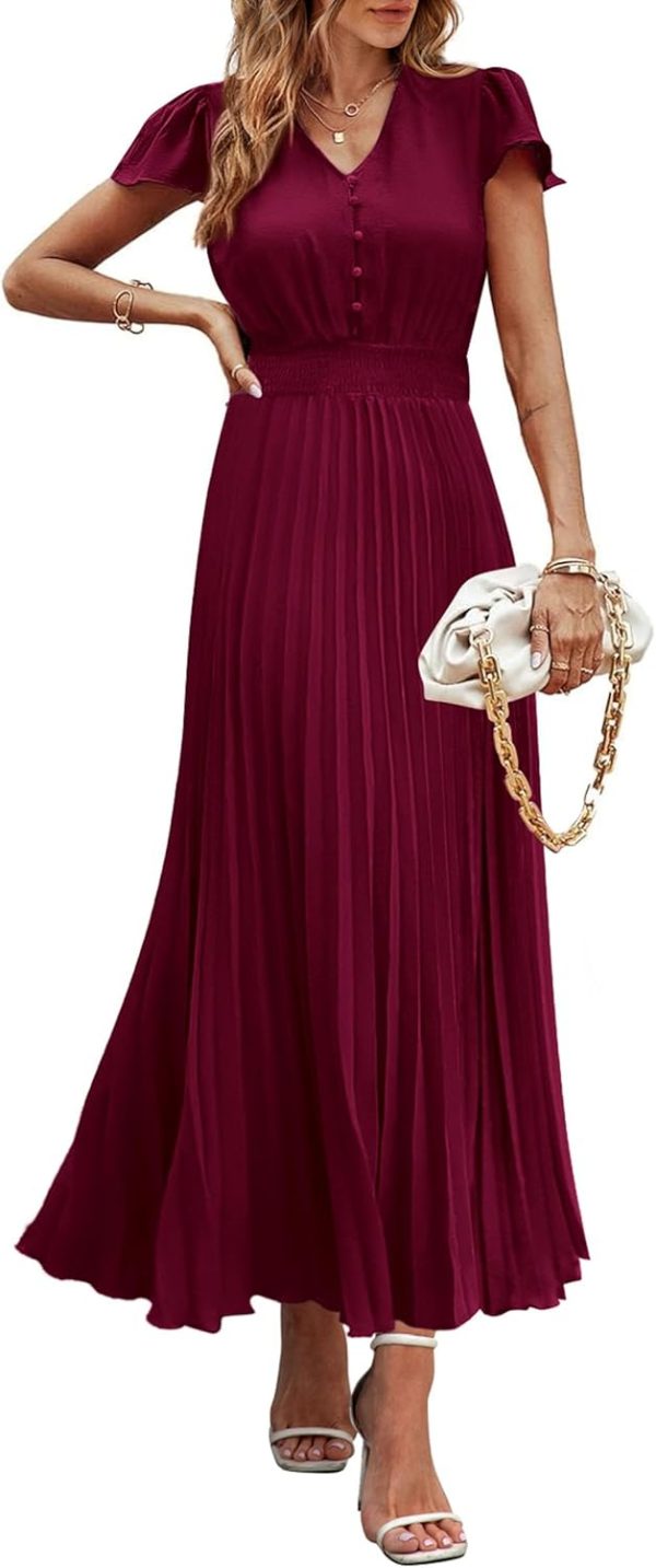 PRETTYGARDEN Women's Maxi Dresses 2025 Summer Trendy Cap Short Sleeve Button V Neck Casual Flowy Pleated Long Dress - Image 97