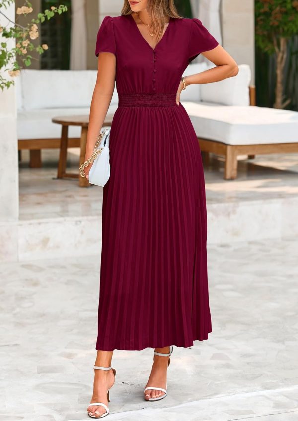 PRETTYGARDEN Women's Maxi Dresses 2025 Summer Trendy Cap Short Sleeve Button V Neck Casual Flowy Pleated Long Dress - Image 99
