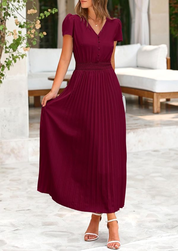 PRETTYGARDEN Women's Maxi Dresses 2025 Summer Trendy Cap Short Sleeve Button V Neck Casual Flowy Pleated Long Dress - Image 100