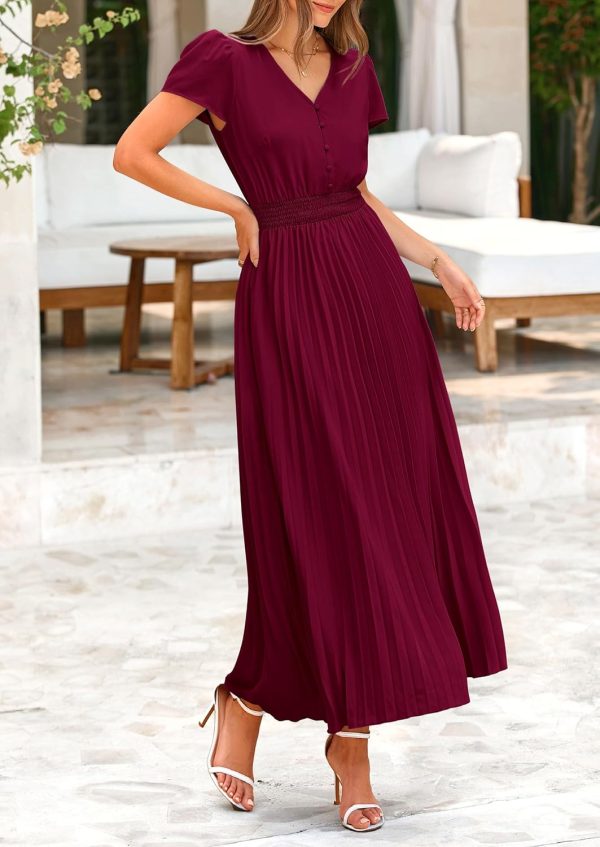 PRETTYGARDEN Women's Maxi Dresses 2025 Summer Trendy Cap Short Sleeve Button V Neck Casual Flowy Pleated Long Dress - Image 101
