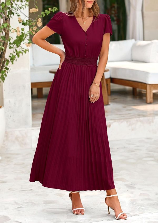 PRETTYGARDEN Women's Maxi Dresses 2025 Summer Trendy Cap Short Sleeve Button V Neck Casual Flowy Pleated Long Dress - Image 102
