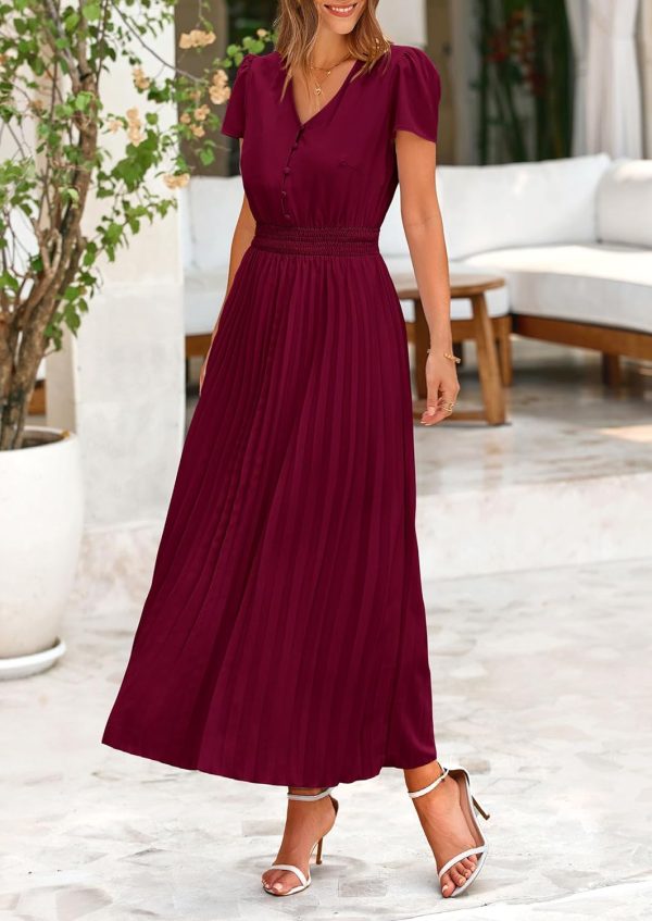PRETTYGARDEN Women's Maxi Dresses 2025 Summer Trendy Cap Short Sleeve Button V Neck Casual Flowy Pleated Long Dress - Image 103