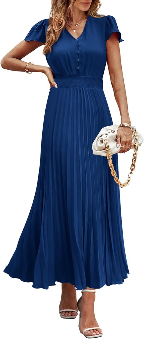 PRETTYGARDEN Women's Maxi Dresses 2025 Summer Trendy Cap Short Sleeve Button V Neck Casual Flowy Pleated Long Dress - Image 105