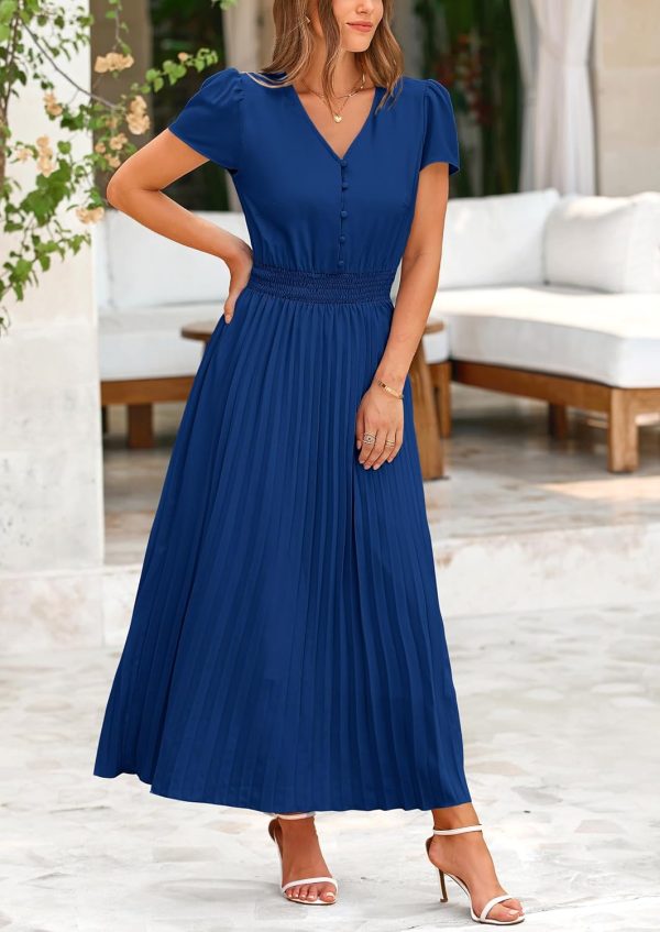 PRETTYGARDEN Women's Maxi Dresses 2025 Summer Trendy Cap Short Sleeve Button V Neck Casual Flowy Pleated Long Dress - Image 109