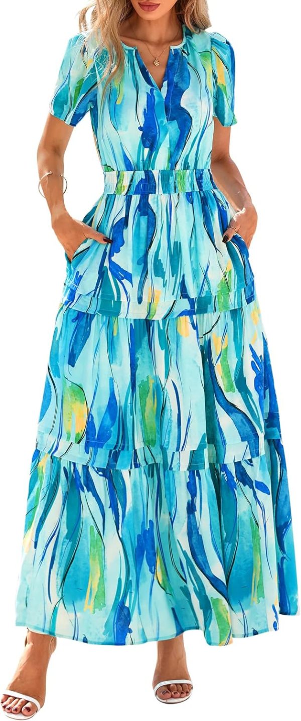 PRETTYGARDEN Women's 2025 Summer Boho Maxi Dresses Floral Short Sleeve V Neck A Line Tiered Flowy Long Beach Vacation Dress