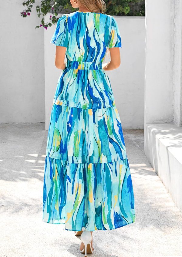 PRETTYGARDEN Women's 2025 Summer Boho Maxi Dresses Floral Short Sleeve V Neck A Line Tiered Flowy Long Beach Vacation Dress - Image 2