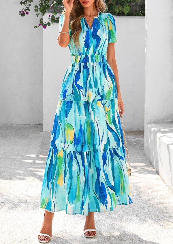 PRETTYGARDEN Women's 2025 Summer Boho Maxi Dresses Floral Short Sleeve V Neck A Line Tiered Flowy Long Beach Vacation Dress - Image 3