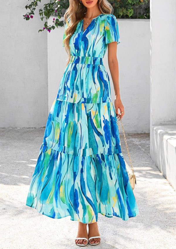 PRETTYGARDEN Women's 2025 Summer Boho Maxi Dresses Floral Short Sleeve V Neck A Line Tiered Flowy Long Beach Vacation Dress - Image 4