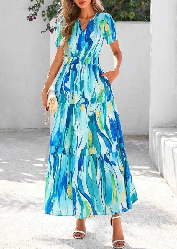 PRETTYGARDEN Women's 2025 Summer Boho Maxi Dresses Floral Short Sleeve V Neck A Line Tiered Flowy Long Beach Vacation Dress - Image 6
