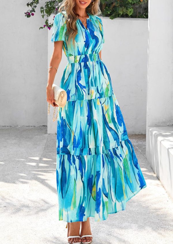 PRETTYGARDEN Women's 2025 Summer Boho Maxi Dresses Floral Short Sleeve V Neck A Line Tiered Flowy Long Beach Vacation Dress - Image 7