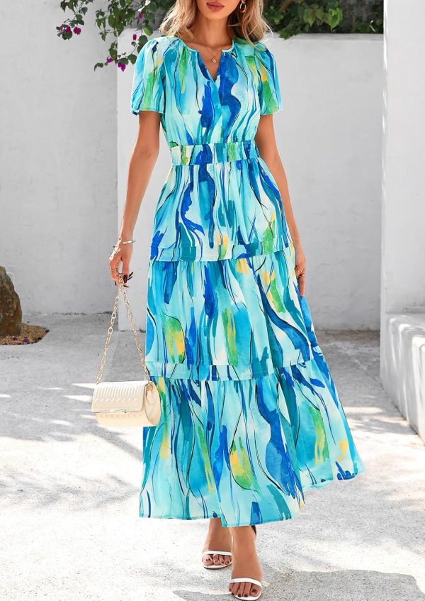 PRETTYGARDEN Women's 2025 Summer Boho Maxi Dresses Floral Short Sleeve V Neck A Line Tiered Flowy Long Beach Vacation Dress - Image 8
