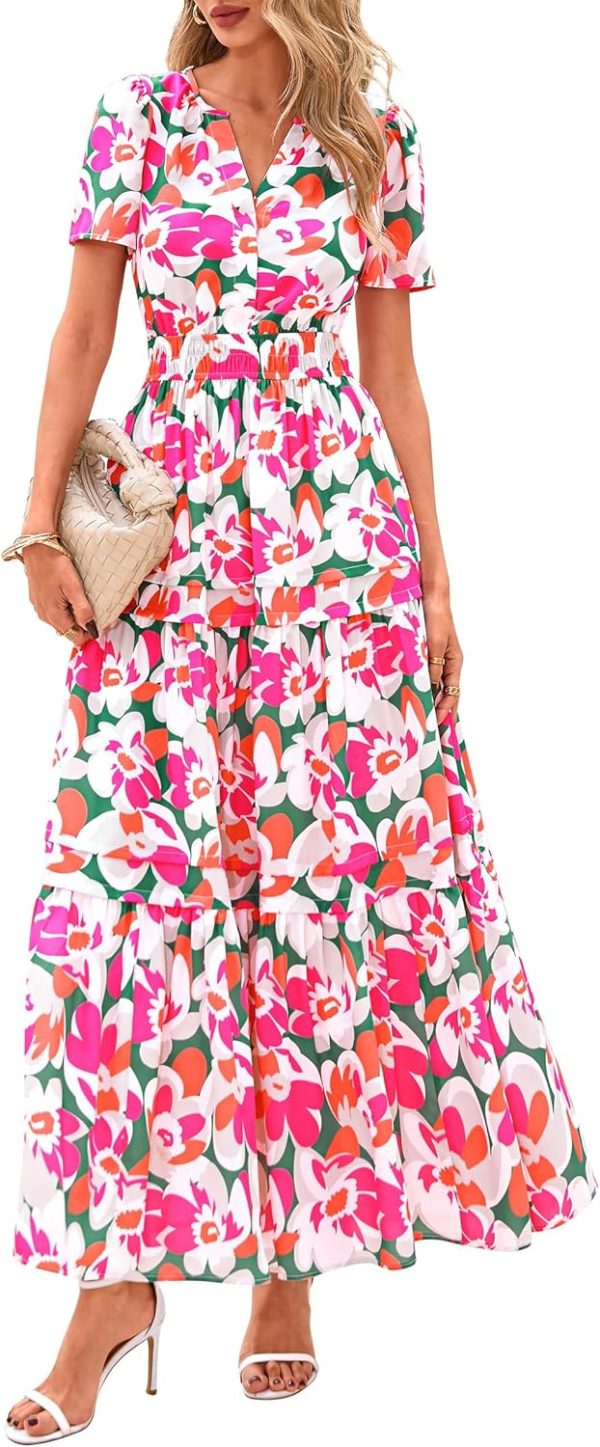 PRETTYGARDEN Women's 2025 Summer Boho Maxi Dresses Floral Short Sleeve V Neck A Line Tiered Flowy Long Beach Vacation Dress - Image 9