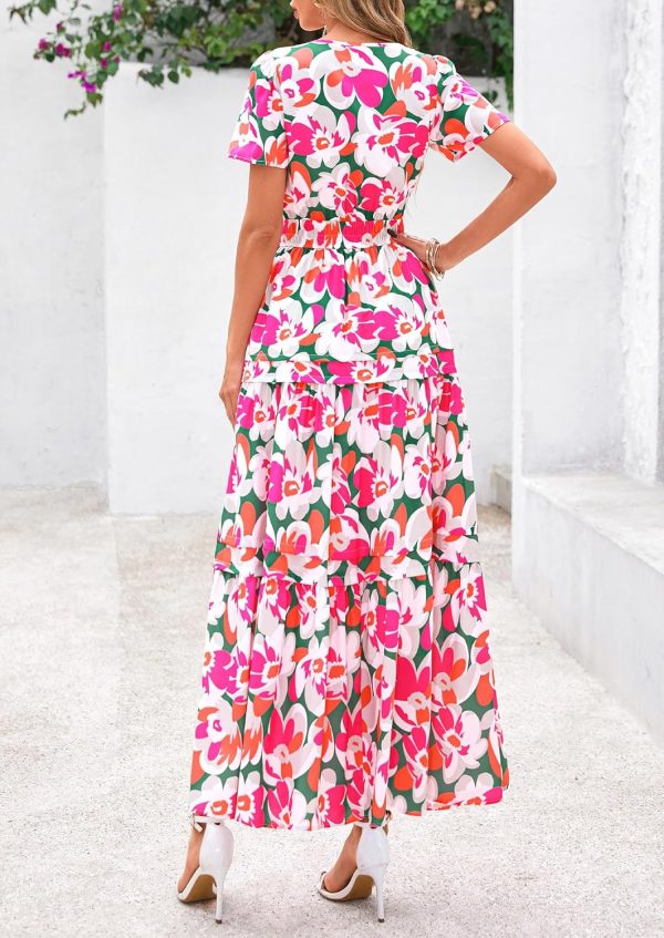 PRETTYGARDEN Women's 2025 Summer Boho Maxi Dresses Floral Short Sleeve V Neck A Line Tiered Flowy Long Beach Vacation Dress - Image 10