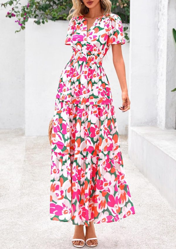 PRETTYGARDEN Women's 2025 Summer Boho Maxi Dresses Floral Short Sleeve V Neck A Line Tiered Flowy Long Beach Vacation Dress - Image 11