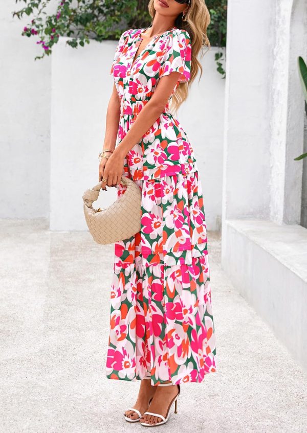 PRETTYGARDEN Women's 2025 Summer Boho Maxi Dresses Floral Short Sleeve V Neck A Line Tiered Flowy Long Beach Vacation Dress - Image 12