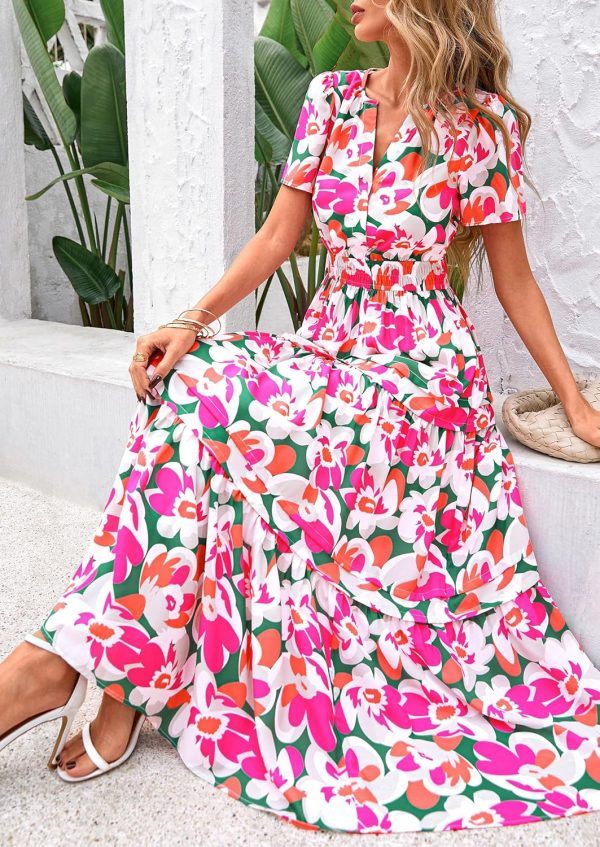 PRETTYGARDEN Women's 2025 Summer Boho Maxi Dresses Floral Short Sleeve V Neck A Line Tiered Flowy Long Beach Vacation Dress - Image 13