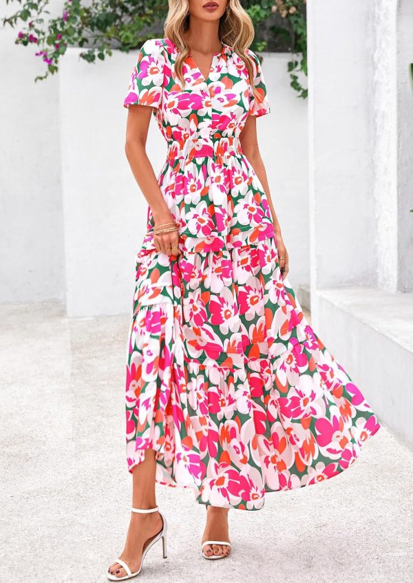 PRETTYGARDEN Women's 2025 Summer Boho Maxi Dresses Floral Short Sleeve V Neck A Line Tiered Flowy Long Beach Vacation Dress - Image 14