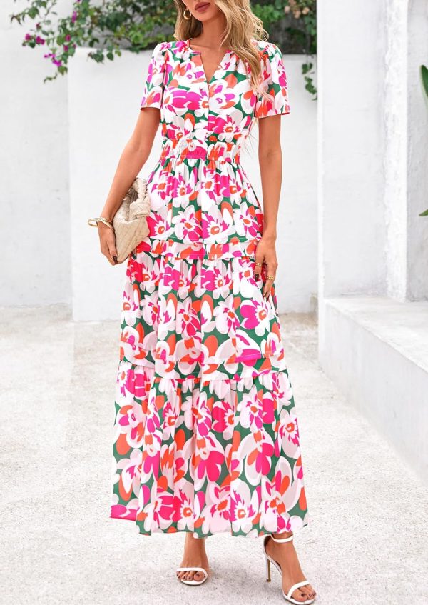 PRETTYGARDEN Women's 2025 Summer Boho Maxi Dresses Floral Short Sleeve V Neck A Line Tiered Flowy Long Beach Vacation Dress - Image 15
