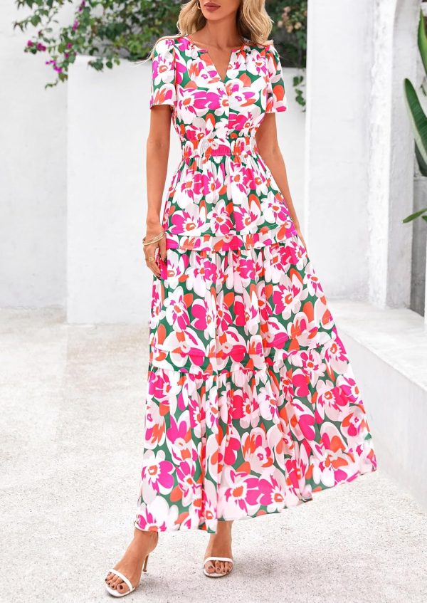 PRETTYGARDEN Women's 2025 Summer Boho Maxi Dresses Floral Short Sleeve V Neck A Line Tiered Flowy Long Beach Vacation Dress - Image 16