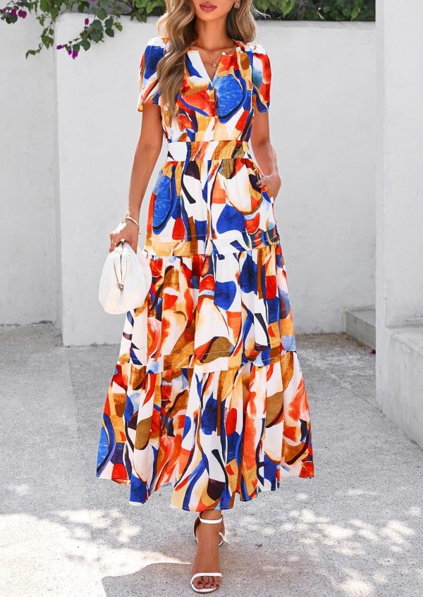 PRETTYGARDEN Women's 2025 Summer Boho Maxi Dresses Floral Short Sleeve V Neck A Line Tiered Flowy Long Beach Vacation Dress - Image 19