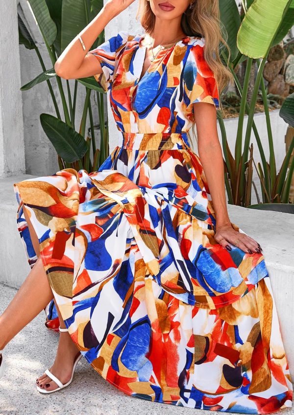 PRETTYGARDEN Women's 2025 Summer Boho Maxi Dresses Floral Short Sleeve V Neck A Line Tiered Flowy Long Beach Vacation Dress - Image 21