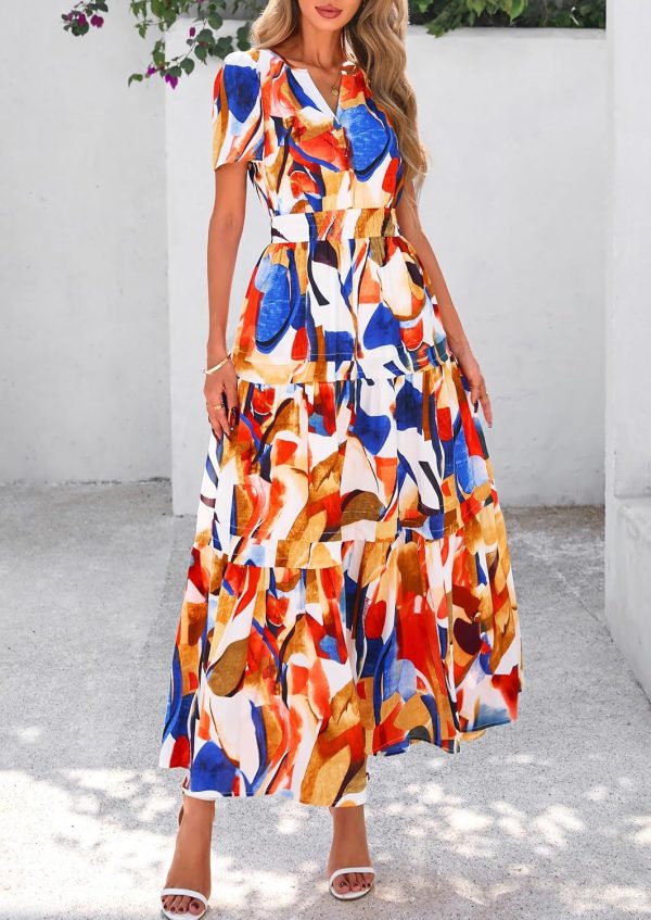 PRETTYGARDEN Women's 2025 Summer Boho Maxi Dresses Floral Short Sleeve V Neck A Line Tiered Flowy Long Beach Vacation Dress - Image 22
