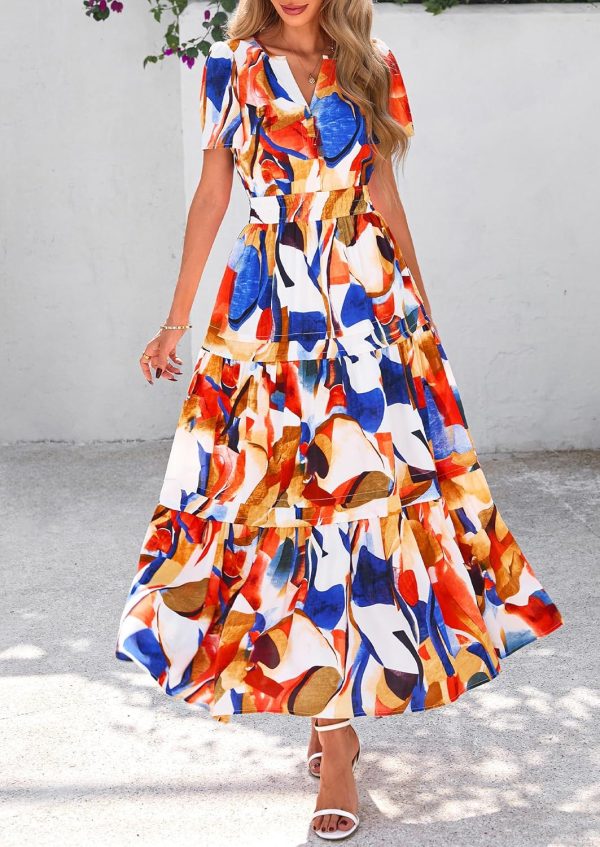 PRETTYGARDEN Women's 2025 Summer Boho Maxi Dresses Floral Short Sleeve V Neck A Line Tiered Flowy Long Beach Vacation Dress - Image 23