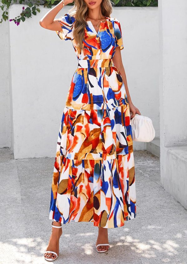 PRETTYGARDEN Women's 2025 Summer Boho Maxi Dresses Floral Short Sleeve V Neck A Line Tiered Flowy Long Beach Vacation Dress - Image 24