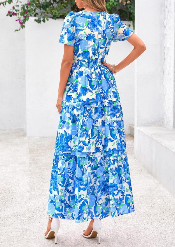 PRETTYGARDEN Women's 2025 Summer Boho Maxi Dresses Floral Short Sleeve V Neck A Line Tiered Flowy Long Beach Vacation Dress - Image 26