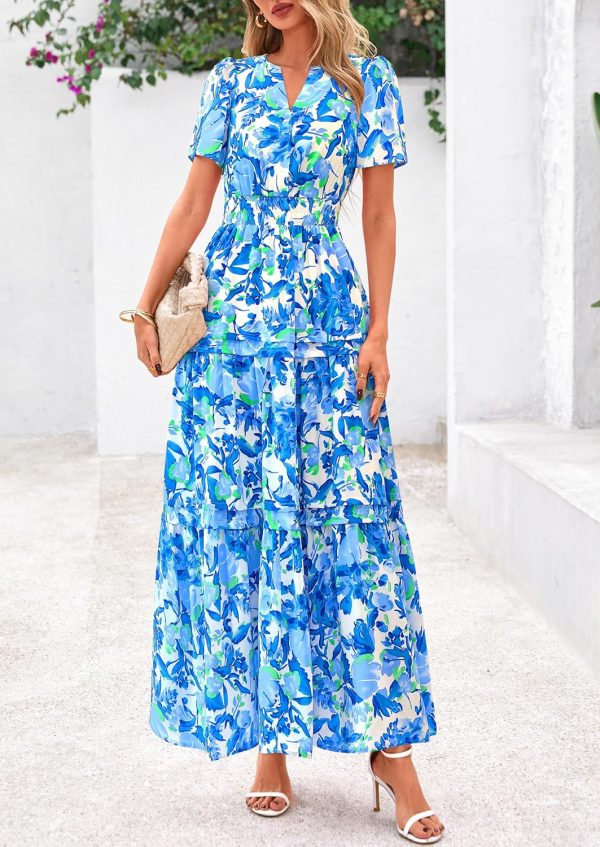 PRETTYGARDEN Women's 2025 Summer Boho Maxi Dresses Floral Short Sleeve V Neck A Line Tiered Flowy Long Beach Vacation Dress - Image 27