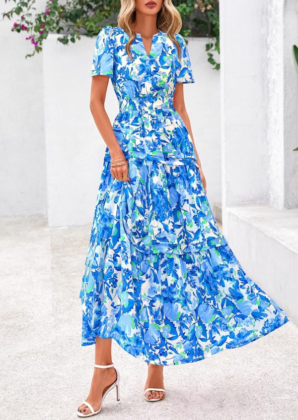 PRETTYGARDEN Women's 2025 Summer Boho Maxi Dresses Floral Short Sleeve V Neck A Line Tiered Flowy Long Beach Vacation Dress - Image 28